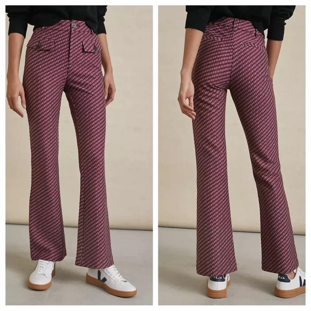 Anthropologie The Essential Flare Pants Burgundy Geo Print Size 6